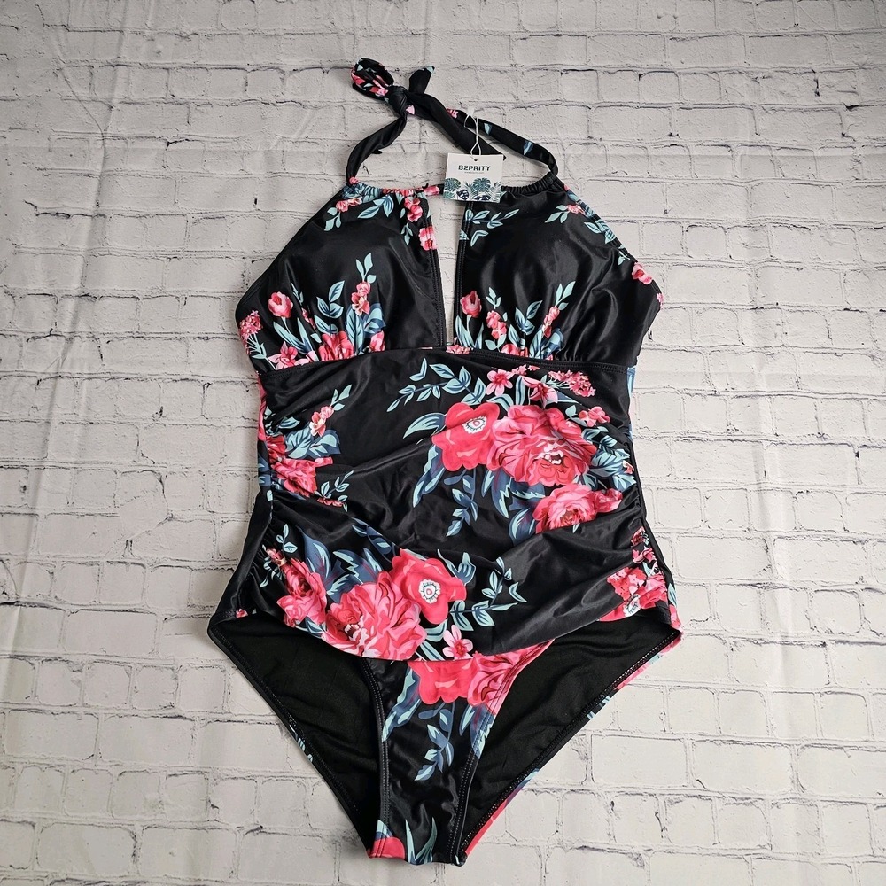 NEW B2Prity‎ One Piece Swimsuit Plus 2XL Halter Black Floral Padded Vacation
